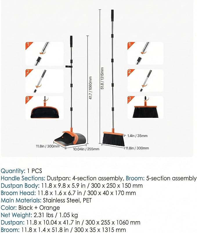 Broom and Dustpan Set for Home, 51.8" Long Handle Standing Dustpan with Self-Cleaning Teeth, Upright Sweeping Combo for Kitchen Office Pet Hair, Orange