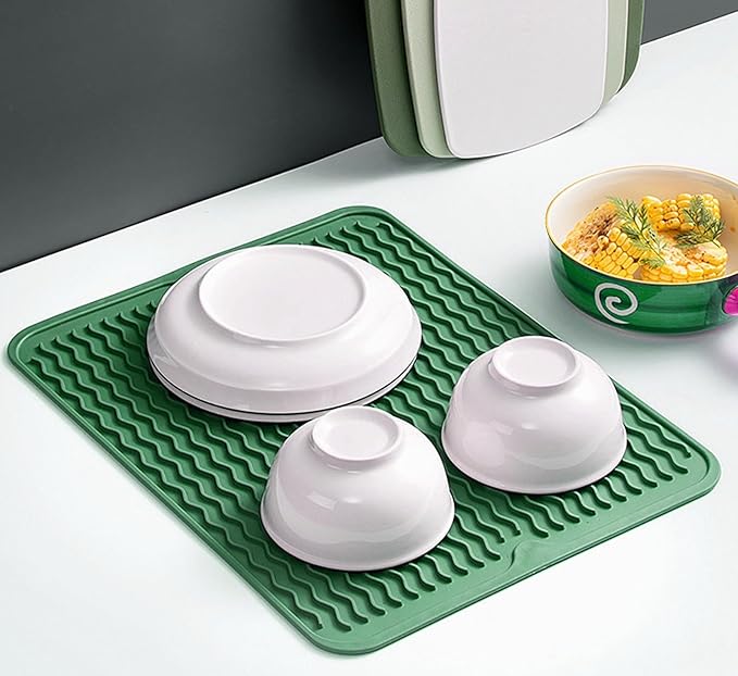 Large 17" x 14" Silicone Dish Drying Mat for Kitchen Counter, Easy clean, Quick Dry, Heat-resistant Dish Drainer Mat for Sink,Refrigerator or Drawer liner (Food Grade Silicone-Dark Green)