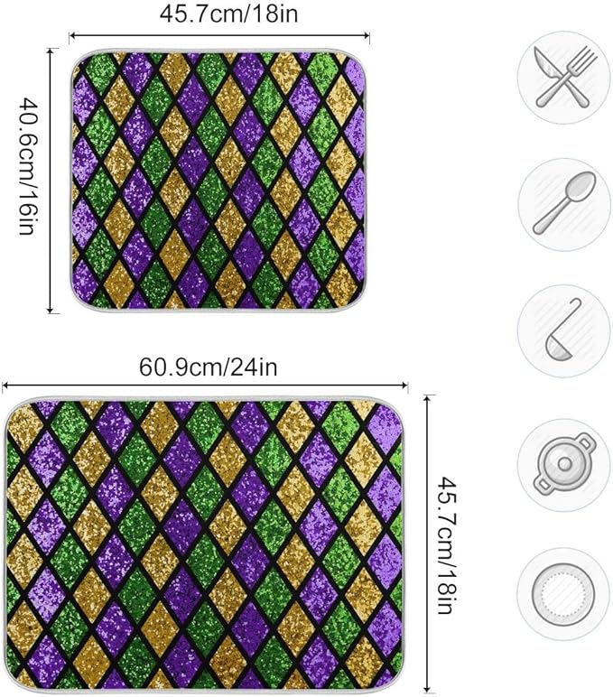 Mardi Gras Dish Drying Mat for Kitchen Gold Purple Green Buffalo Plaid Microfiber Drying Mats Absorbent Reversible Dish Pad Medium Dish Draining Mat 16x18 inch