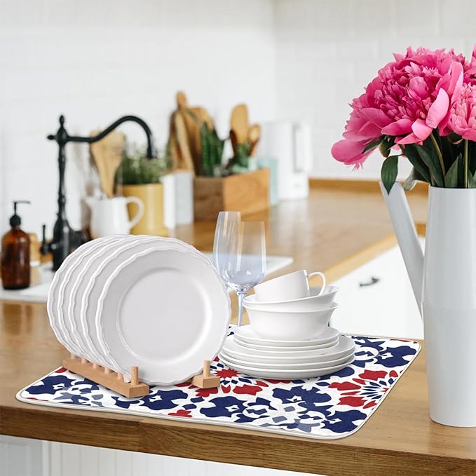 Dish Drying Mat for Kitchen Absorbent Drying Mat Reversible Dish Drying Pad Dish Drying Mats for Kitchen Counter Utensils Pots Water Cup Flowers
