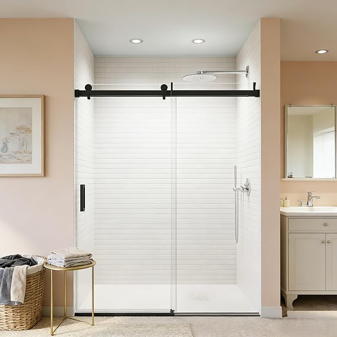 56-60" W x 76" H Frameless Soft-Close Sliding Shower Door, 3/8" (10mm) SGCC Tempered Glass, Reversible Install, Matte Black Finish, Elegant Bathroom Upgrade