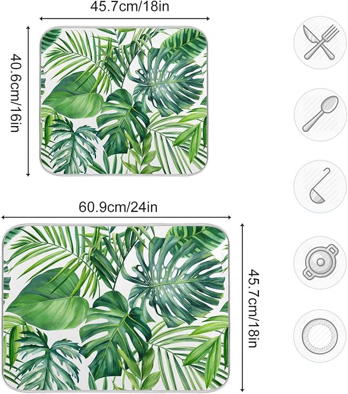 Tropical Palm Leaves Dish Drying Mat for Kitchen Counter Green Monstera Leaf Absorbent Microfiber Drying Pad, Medium 16x18 in, Reversible Drainer Mats