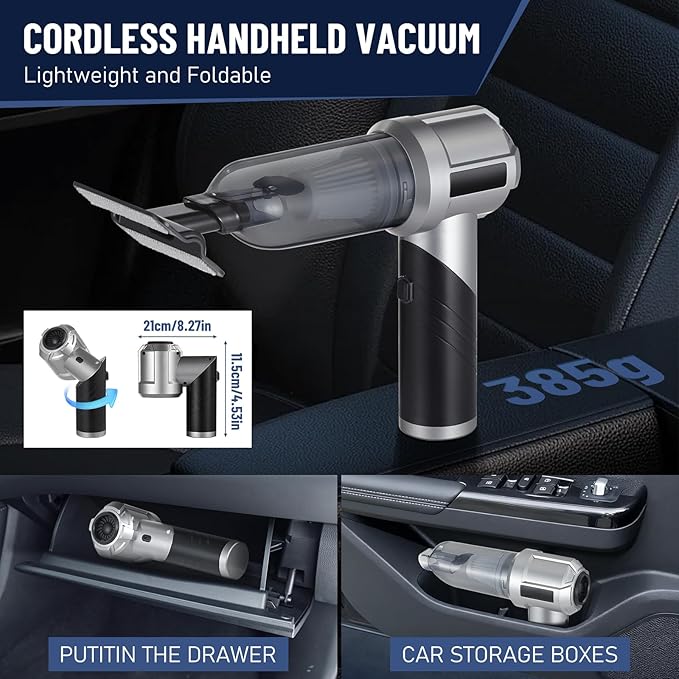 HONEYEYEAR Handheld Vacuum Cleaner, 16000Pa Car Vacuum Cleaner Cordless, 4-in-1 Powerful Car Hoover, 80000 RPM Brushless Motor, 30 Min Runtime, 3 Speed, USB-C Charging, for Home Pet Hair Cleaning