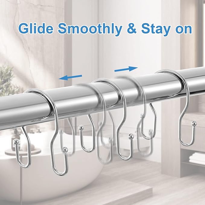 12 Pack Double Shower Curtain Hooks Rings, TENOVEL Double Sided Shower Curtain Hooks Rust Proof for Shower Curtain, Stainless Steel Bathroom Shower Hangers Rings for Shower Rods, Chrome