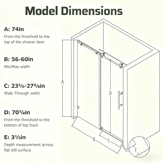 56-60" W x 74" H Frameless Shower Door, Bathroom Soft-Close Sliding Shower Doors with 5/16" (8mm) Clear SGCC Tempered Glass and Stainless Steel Hardware, Reversible Installation, Chrome