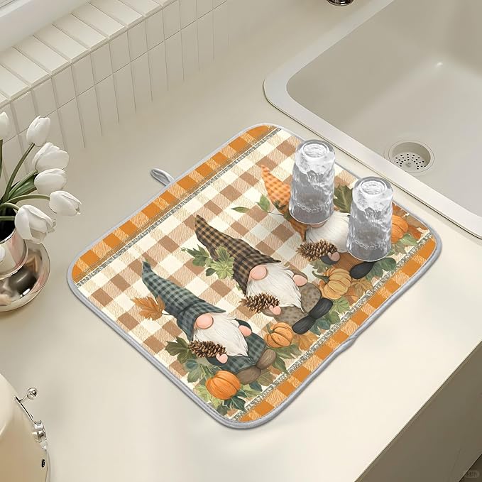 Fall Pumpkin Gnomes Maple Leaves Autumn2 Dish Drying Mat for Kitchen Counter Absorbent Microfiber Small Drying Pad Dish mats for Kitchen Countertops 16 x 18 Inch