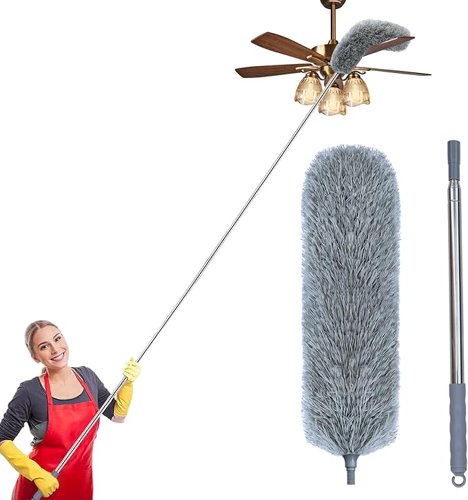 Microfiber Feather Duster with Extendable Pole, 100-inch Extra-Long Dusters Telescoping Cobweb Duster for Cleaning, Bendable and Washable Microfiber Head, Duster for High Ceiling, Fan, Furniture