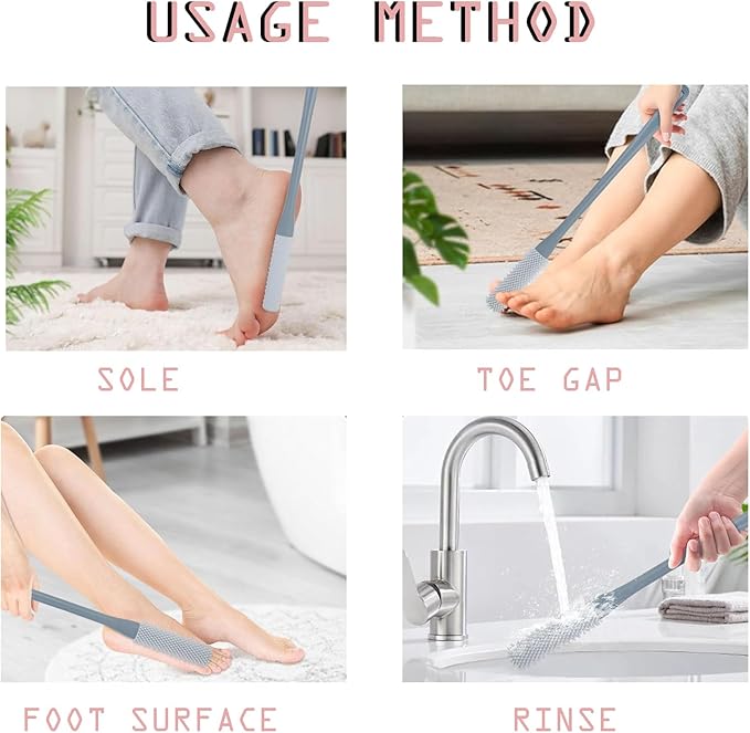 2 Pack Toe Cleaning Brush,Silicone Foot Scrubber for Shower with 15.7" Long Handle Soft Cleaning Bath Brush Feet Cleaner Scrub Foot Care for Seniors,Elderly, Men and Women (Grey)