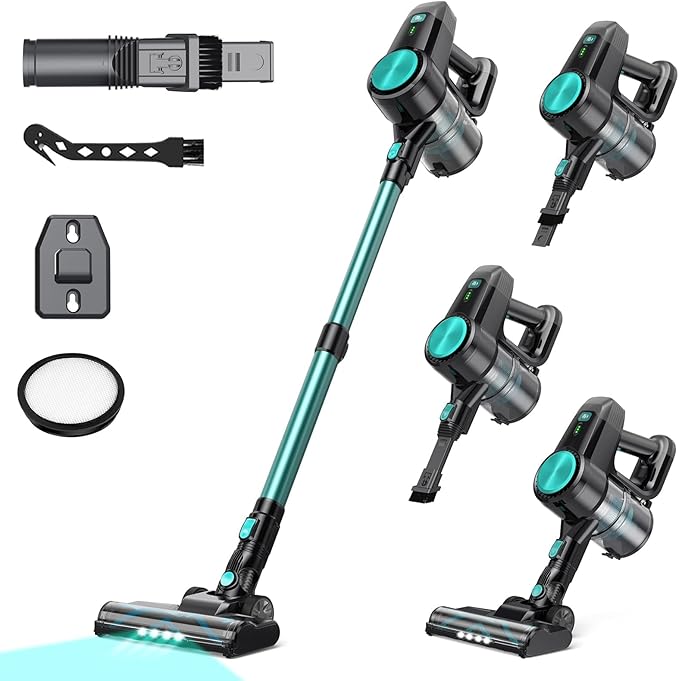 N3T Cordless Vacuum Cleaner,Wireless Stick Vacuum with 40mins Runtime,Self-Standing,Anti-Tangle Brush,Rechargeable Lightweight Vacuum Cleaner for Home,Hardwood Floor,Pet Hair, Carpet-Cyan Green