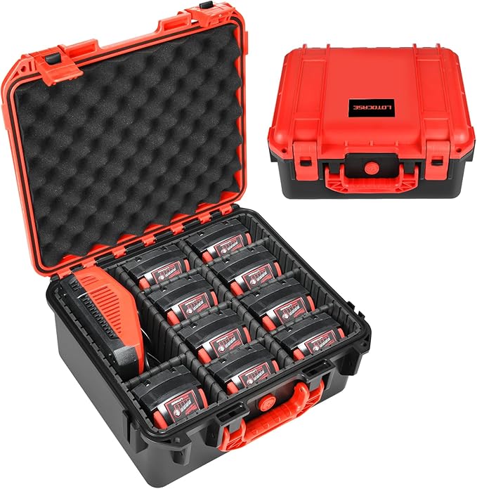 Storage Case for Milwaukee Battery - Waterproof Hard Shell Tool Bag with 9 Adjustable Dividers for Milwaukee M18/ M12 12V/20V/60V Battery & Chargers, Organizer Box (Case Only)