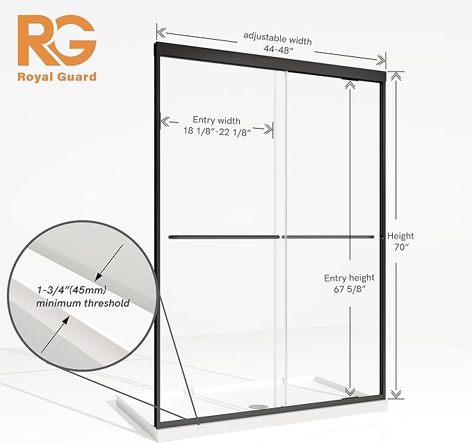 Shower Door,Royal Guard 44-48" W x 70" H Semi-Frameless Double Sliding Glass Shower Door with 1/4'' (6mm) Clear SGCC Tempered Glass,Bypass Shower Enclosure,Matte Black