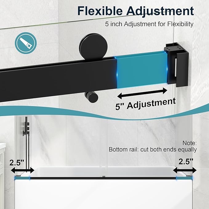 KPUY Frameless Tub Shower Door, 55-60" W x 60" H Double Sliding Bathtub Door, 1/4" (6mm) Thick Tempered Clear Glass with Explosion-Proof Film Nano Coating, Matte Black
