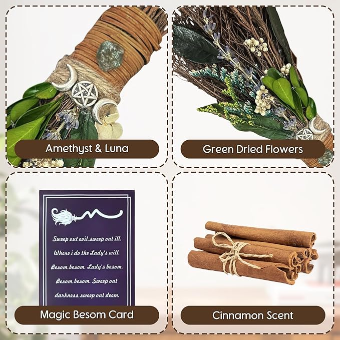 Cinnamon Broom 7.5 Inch Witch Broom for Altar Magic Crystal Handmade Mini Cinnamon Broomstick Scented Natural Herbal Protection Witchcraft Supplies for Wiccan Décor Witchy Gifts (Green)