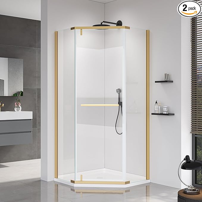 36" D x 36" W x 72" H Neo-Angle Shower Door with Shower Pan, Corner Shower Enclosure with Explosion-Proof Film and Nano Coating, Stainless Steel Frame, 1/4” (6MM) Tempered Glass, Brushed Gold