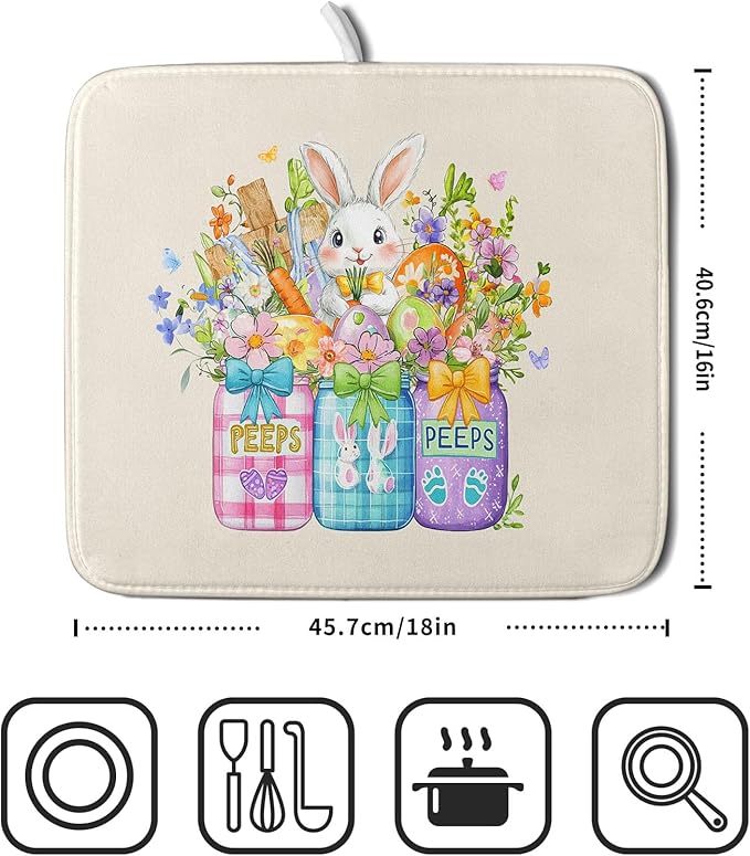 Easter Bunny Carrots Dish Drying Mat for Kitchen Counter,Spring Colorful Flowers Mason Jar Drying Mat 16 x 18 Inch with Absorbent Reversible Microfiber Drying Pad for Coffee Bar