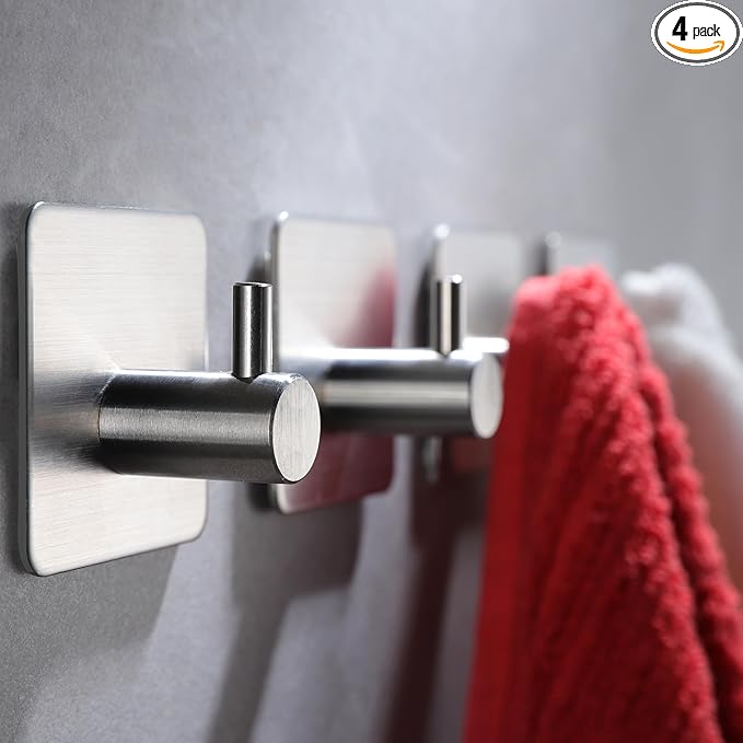 YIGII Silver Adhesive Towel Hooks - 4 Pack Stainless Steel Wall Hook for Hanging Towels, Robe, Coat, Heavy Duty Coat Hooks Stick on Bathroom, Kitchen