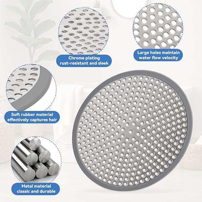 Shower Drain Hair Catcher, 4.72" Shower Drain Cover, All-in-One Universal Sink & Shower Drain Strainer, Easy Installation, Stainless Steel and Silicone Bathroom Accessories for Tub, Bathtub (Round)