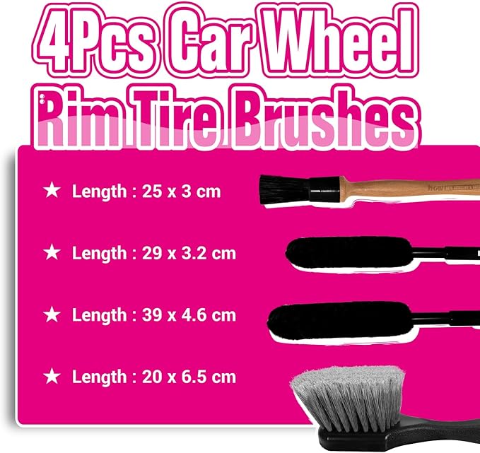 H.O.W 4pcs Car Wheel Rim Tire Brushes for Cleaning Tires, Detailing & Tire Scrub Brush Kit