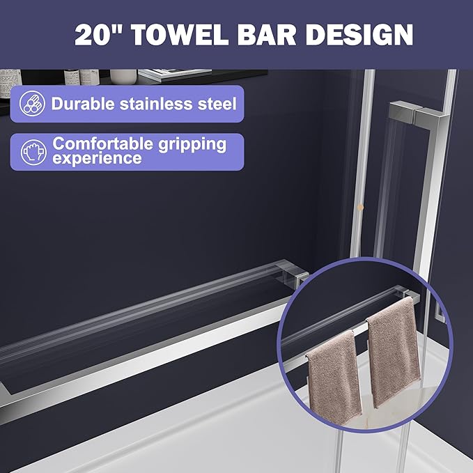 Frameless Sliding Shower Door 56–60" W x 76" H, 5/16" Tempered Glass with Dual-Sided Easy to Clean Coating, Shower Glass Door with SUS304 Stainless Steel Hardware & 20" Towel Rack, Bright Chrome