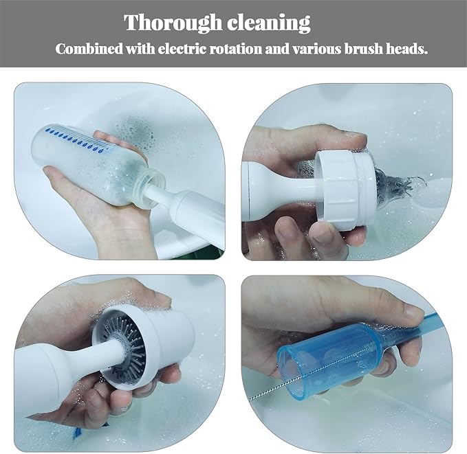 Electric Cleaning Brush with USB Rechargeable Electric Bottle Brush Cleaner and 3 Replaceable Silicone Bottle Brushes and Straw Cleaner Brush,Perfect Baby Gifts and Kitchen Brushes(White)