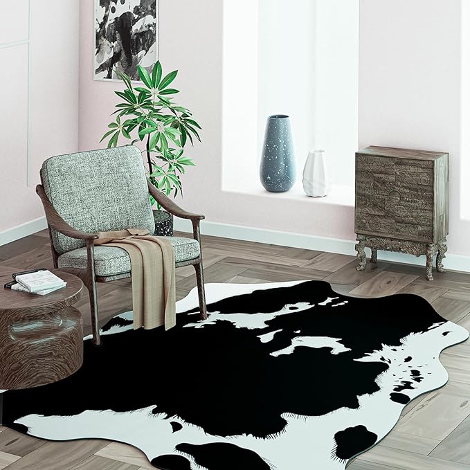 MACEVIA Faux Cowhide Rug Cute Cow Print Rugs Animal Area Carpet Western Decor for Living Room Bedroom Non-Slip 59" L x 47.2" W(4.9ft x 3.9ft)