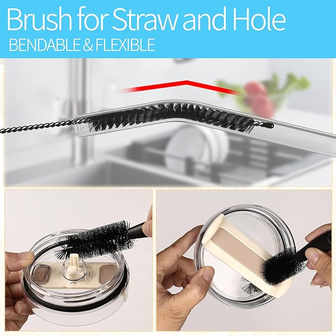 Bottle Brush Set 4 Pack - 15 Inch Long Handle Bottle Brush Cleaner with Stainless Steel Shaft, Straw Cleaner Brush and Lid Brush for Bottles, Thermos, Glasswares, Mugs, Cups, Tumblers