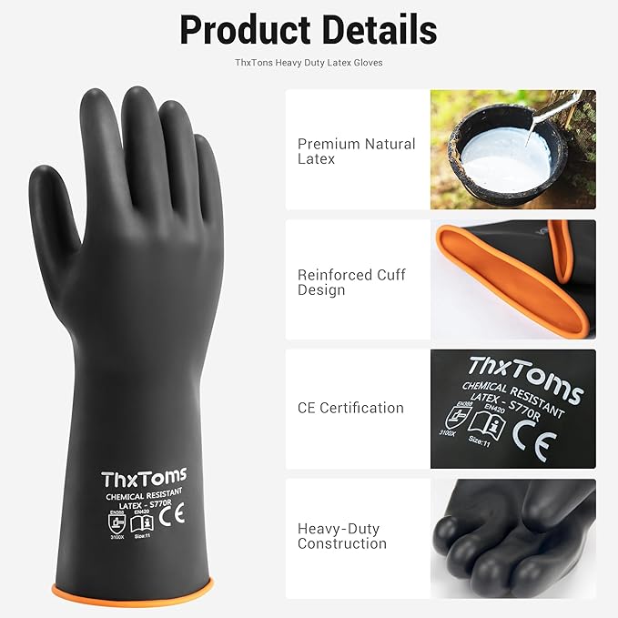 ThxToms Chemical Resistant Gloves,Heavy Duty Long Rubber Gloves,Puncture Resistant, Resist Acid,Oil,Alkali, Waterproof for Industrial Cleaning, Gardening, 18", 1 Pair