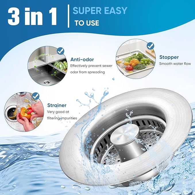2 Pack Sink Drain Strainer Kitchen Sink Drain Strainer&Sink Stopper,Stainless Steel Pop up Sink Drain Strainer,Anti-Clogging Basket Strainer,High Durability with Brass Core,Fit 3-1/2",Chrome