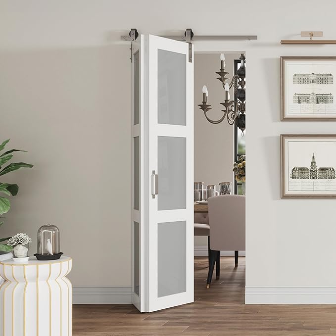 Bifold Closet Doors, 30"（15" x2） x 84", 3 Lites Frosted Glass Bifold Door with Brushed Nickel Sliding Hardware Kit Set, Pre-drilled Bi fold Barn Door Slab, 2.83FT Track for 2 Doors