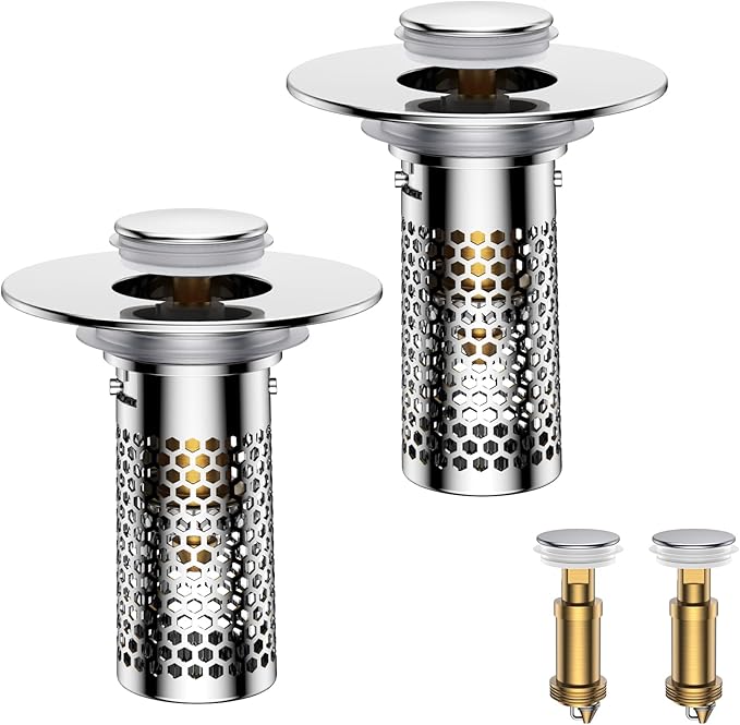 Bathroom Sink Drain Strainer,Universal Pop-Up Sink Stopper Hair Catcher, Anti-Clog Stainless Steel Drain Filter Basket, Removable Sink Drain for Bathroom Sink Stopper (YSilver-2（with Buckle）)