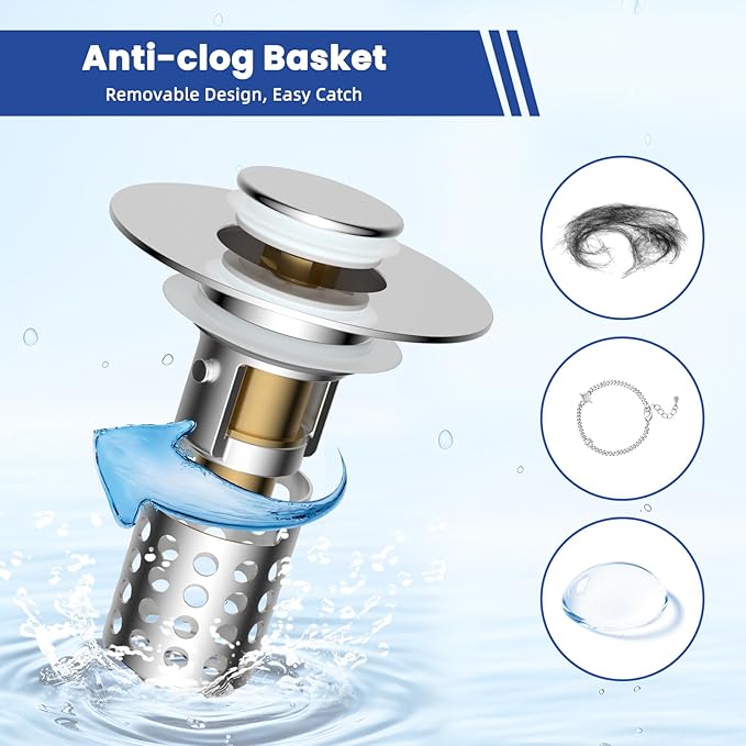 Universal Bathroom Sink Drain Strainer Hair Catcher Upgraded with Removable Stainless Steel Filter Basket, 3 in 1 Pop Up Sink Stopper for 1.1''~2.36'' Sink Basin Hole, Chrome