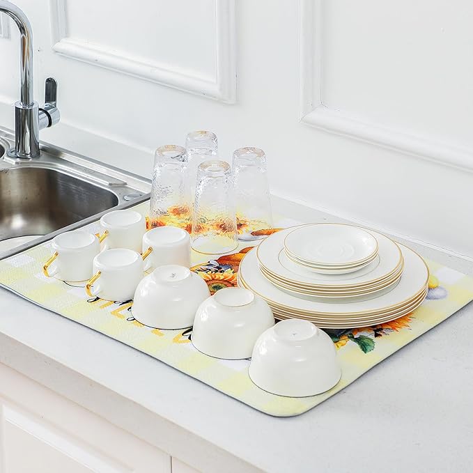 2 Pcs Sunflower Dish Drying Mat for Kitchen, Summer Absorbent Microfiber Dish Mat Counter Sunflower Gnome 18 x 24 Inch Dish Draining Mat Dish Drying Pad Reusable Washable Mat