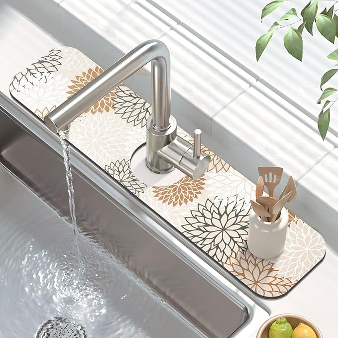 Findosom 2PCS 12" x 20" Dish Drying Mat & 24" x 5.5" Sink Splash Guard, Super Absorbent & Cuttable Dish Mat Drying Kitchen Mat with Brown Floral, Hide Stain Drying Mat for Kitchen Counter