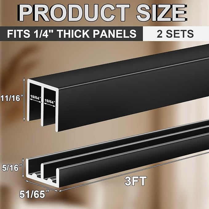 Landical 2 Set 3 ft Black Aluminum Sliding Door Track Set for 1/4" Thick Panels Closet Glass Doors Cabinet Window Aluminum Alloy Metal Sliding Track