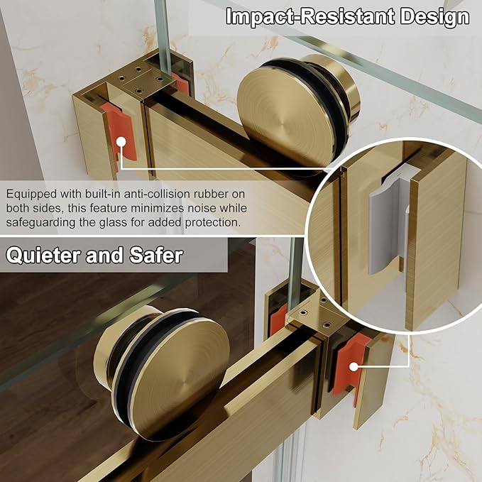 56-60" W x 60" H Double Sliding Bathtub Shower Door, 5/16" (8mm) Tempered Glass Frameless Shower Glass Door, Double Nano Coating, Pull Towel Rack (Brushed Gold)