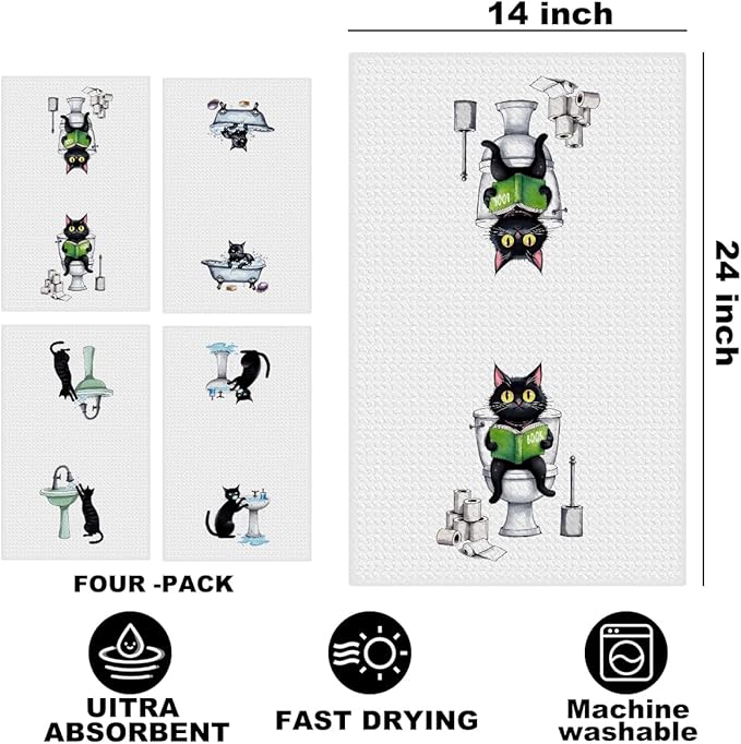 Hanamiya Na 4 Pcs Funny Cat Hand Towel for Bathroom 24x14 Inch, Funny Absorbent Microfiber Dish Cloth Towel, Waffle Weave Hand Towels for Toilet Home Cats Bathroom Decor, Cat Lover Gifts