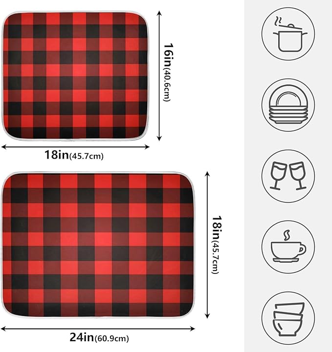 Christmas Red Black Buffalo Plaid Dish Drying Mat for Kitchen Counter Absorbent Microfiber Small Drying Pad Dish Mats for Kitchen Countertops 16 x 18 Inch
