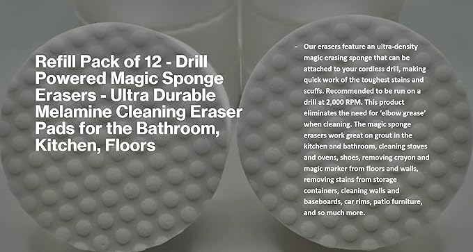 Refill Pack of 12 Drill Powered XL 4.5” Magic Sponge Erasers | Compatible with RotoEraser | 25% Thicker Ultra Durable Melamine Cleaning Eraser Pads for Bathroom Kitchen Floors Round 4.5" x 1.25" Thick