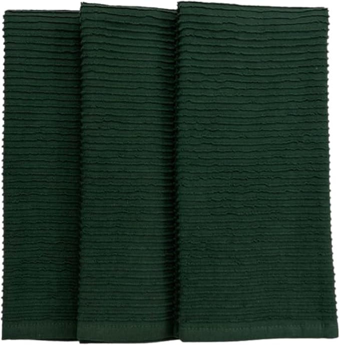 Serafina Home Dark Green Kitchen Hand Dish Towels: 100% Cotton Cloth Soft Cleaning Drying Absorbent Ribbed Terry Loop, Set of 3 Multipurpose for Everyday Use Oversized 18" x 28"