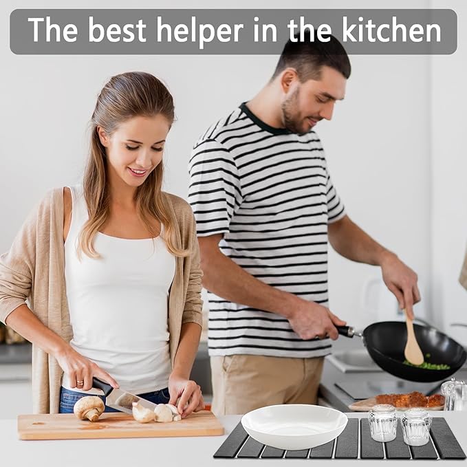 Stone Drying Mat for Kitchen Counter, Large Foldable Drying Stone with Non-slip Mat, Quick Dry Absorbent Diatomaceous Earth Mat for Dishes, Cups, Bottles, Any Countertop, 24"×16", Dark Gray