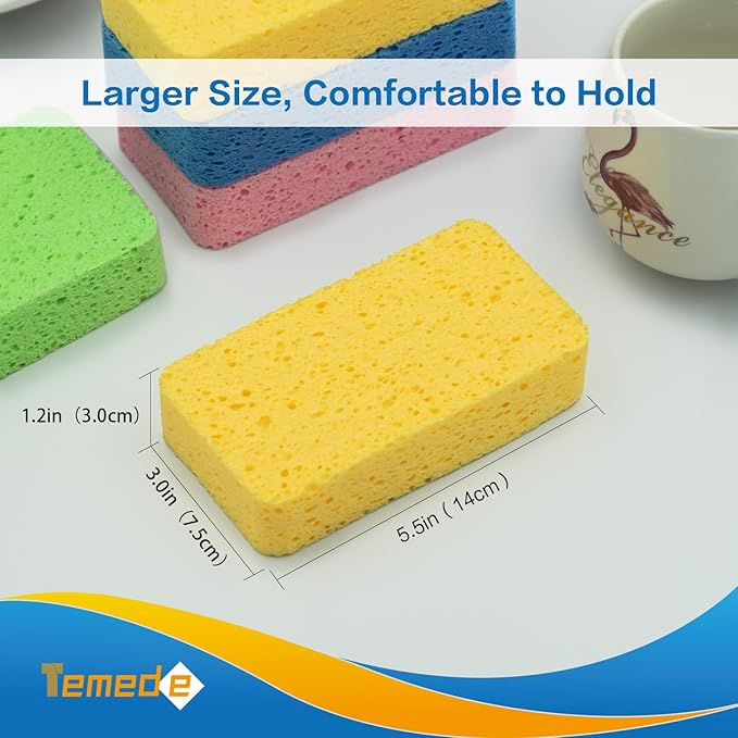 Temede Large Cellulose Sponges, Kitchen Sponges for Dish, Thick Heavy Duty Scrub Sponges, Non-Scratch Scrubber for Household, Cookware, Bathroom, Compressed Packaging (5 Pack)