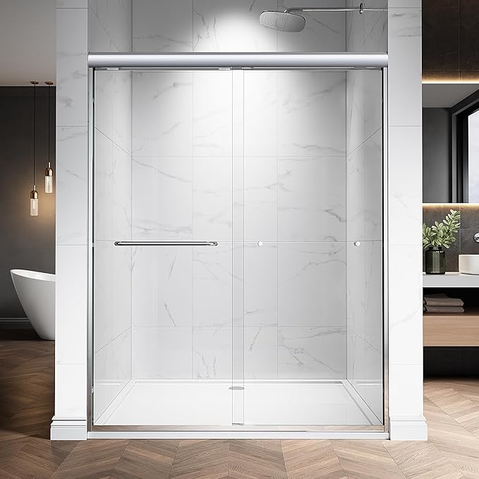 56-60" W x 72" H Semi-Frameless Double Sliding Glass Shower Door, 1/4" (6mm) Clear Tempered Glass, Bypass Sliding Shower Door for Bathroom, Easy to Clean (Chrome, 60" W x 72" H)