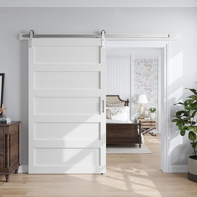 SmartStandard 48x96 inch White Barn Door with 8FT Brushed Nickel Sliding Door Hardware Track Kit Included, Solid MDF Slab, Waterproof PVC Surface, 5-Panel, Suitable for Openings up to 46in x 94in
