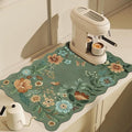 Scalloped Bohemian Boho Floral Flower Coffee Bar Mat Dish Drying Mats for Kitchen Counter, Kitchen Decor, (12"x19", Green 1)