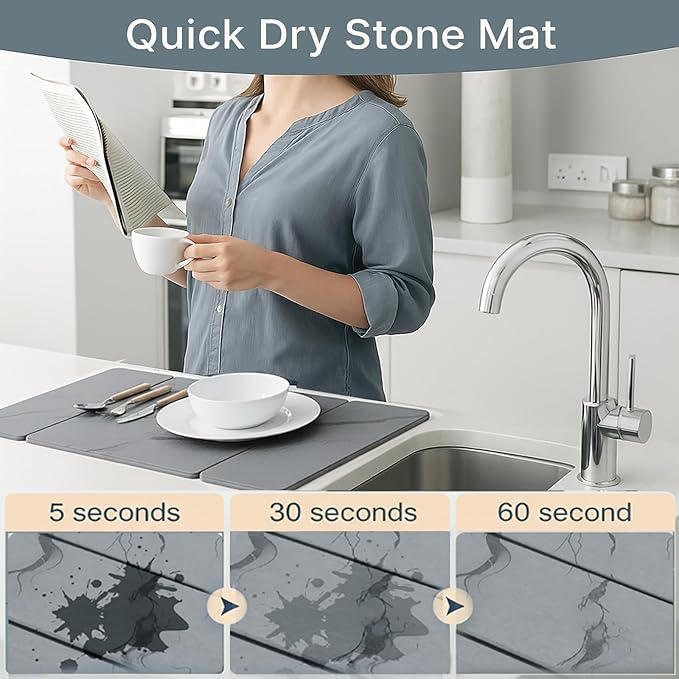 3-Panel Stone Drying Mat for Counter, 20"×16" – Fast Dry Diatomaceous Earth Dish Mat, Heat-Resistant,Stable Hard Stone Pad for Dishes, Ice Maker & Air Fryer, Protects Premium Countertops
