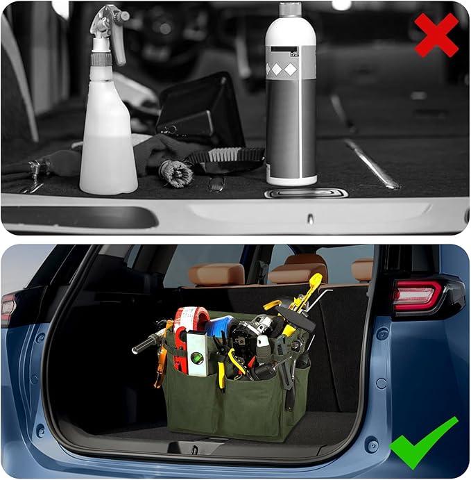 Car Trunk Organizer, Large Capacity Collapsible Tote Wearable Cleaning Caddy Bag w/Adjustable Straps, Multifunctional Vehicle Storage Box for Groceries Tools Cleaning Supplies (Army Green)
