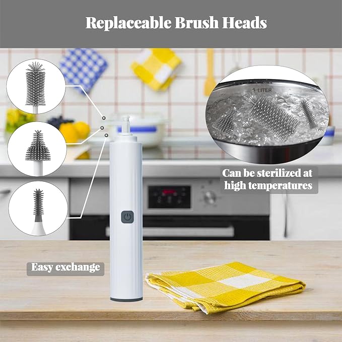 Electric Cleaning Brush with USB Rechargeable Electric Bottle Brush Cleaner and 3 Replaceable Silicone Bottle Brushes and Straw Cleaner Brush,Perfect Baby Gifts and Kitchen Brushes(White)