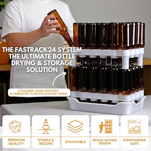 FASTFERMENT - 24-Bottle Drying Rack & Tray| Bottle Drying Tree Alternative | Dry & Store Your Wine or Bomber/Belgian Bottles | Stackable | White | Dishwasher Safe | Home Brewing Supplies