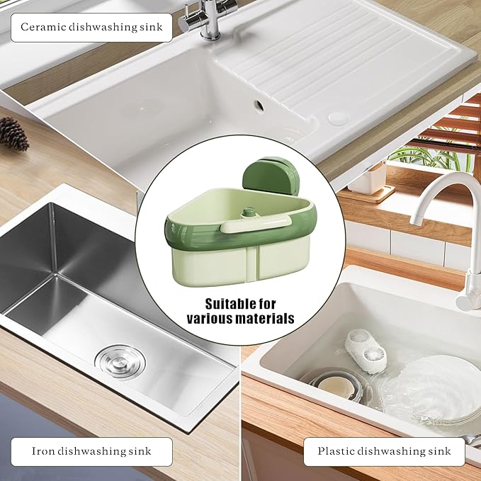 2PCS 2025 Upgraded Sink Corner Dish Rack with Suction Cups, Automatic Dumping Strainer Basket, Sponge Storage & Food Waste Catcher, Multi-Functional Kitchen Organizer