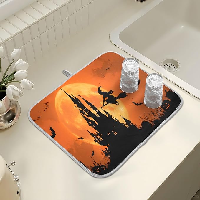 Halloween Witch Bat Castle Pumpkin Dish Drying Mat for Kitchen Counter Absorbent Microfiber Large Drying Pad Dish mats for Kitchen Countertops 18 x 24 Inch